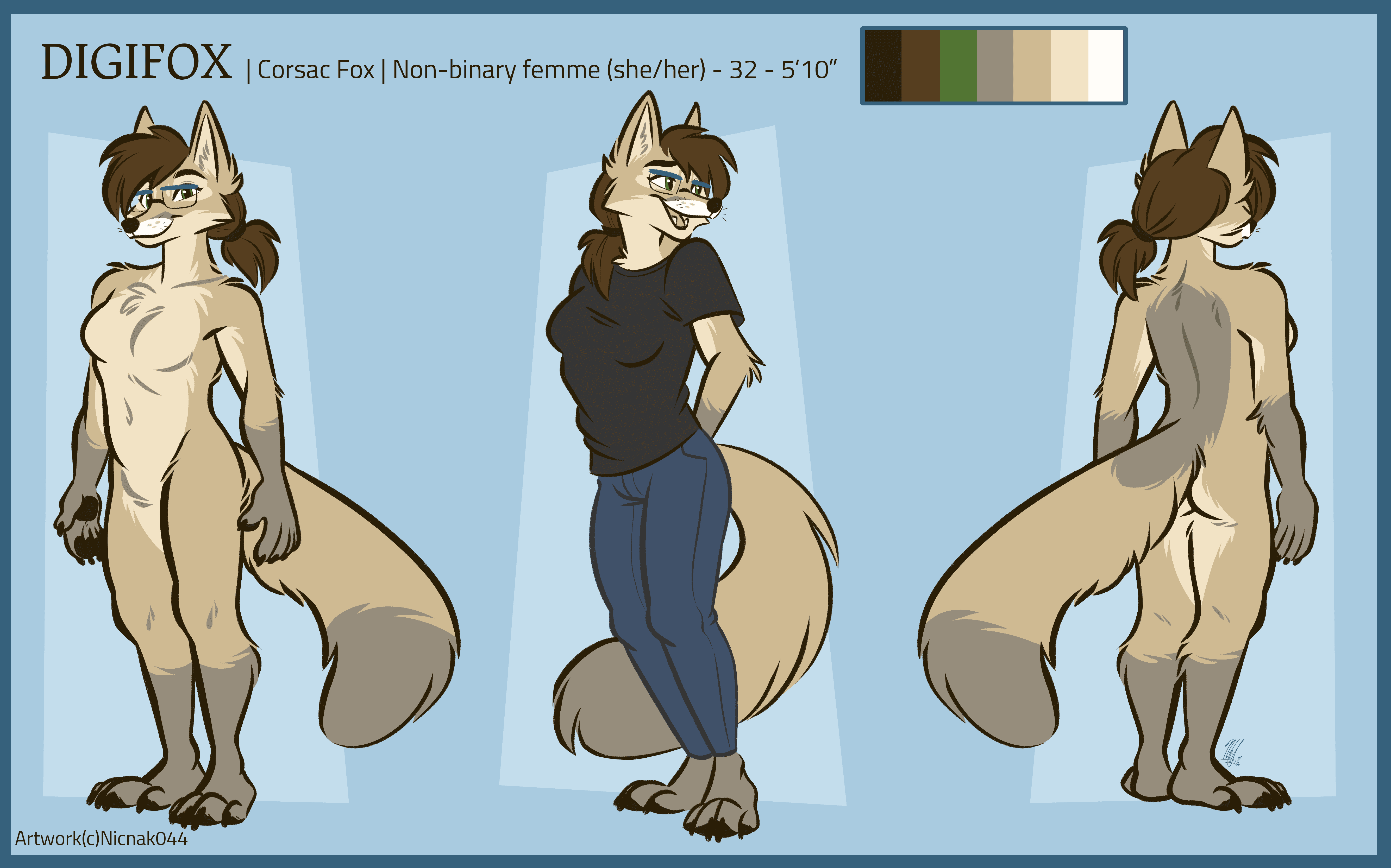 Three reference poses of 'digifox', an anthropomorphic corsac fox character.