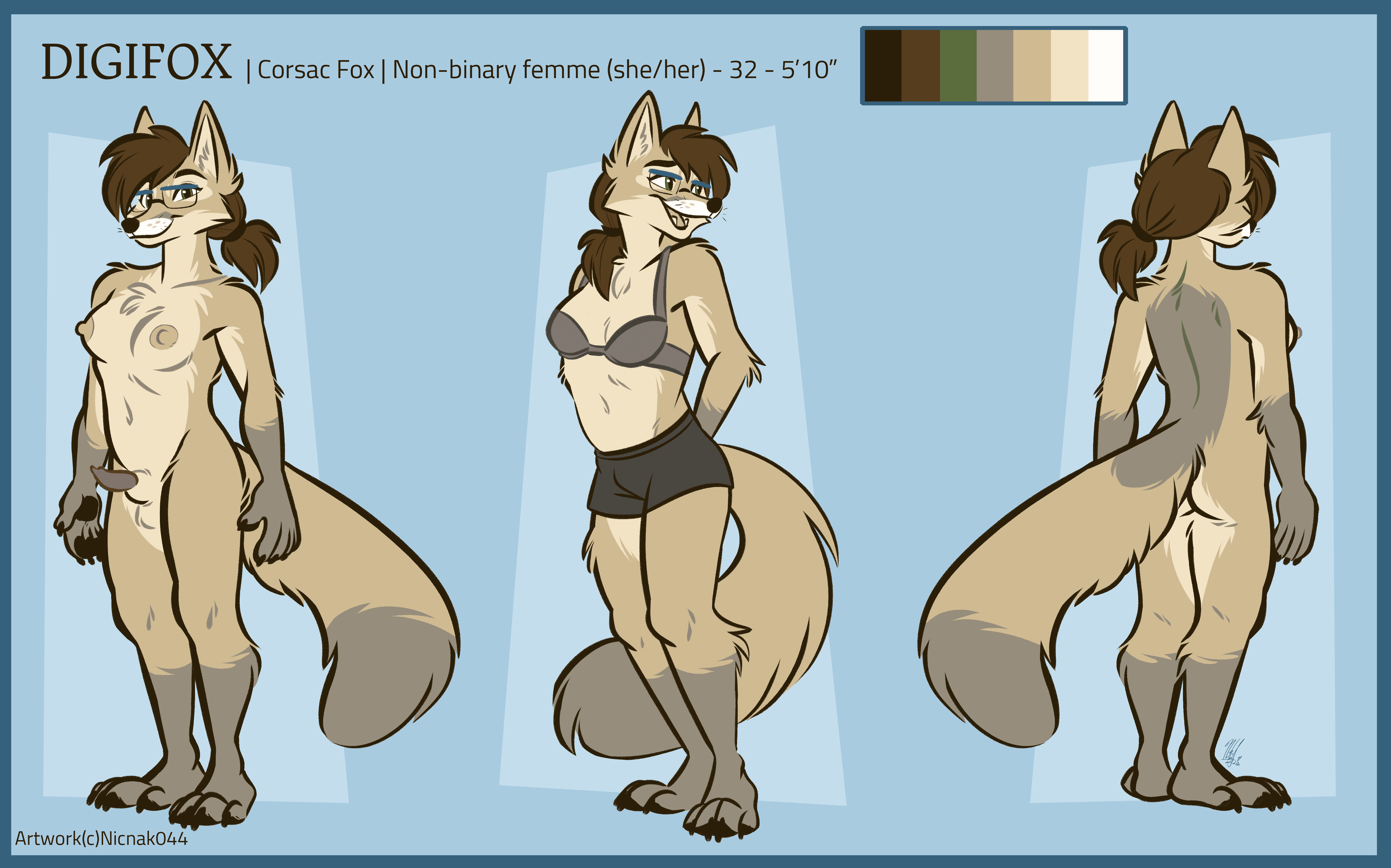 Three nude and explicit reference poses of 'digifox', an anthropomorphic corsac fox character.